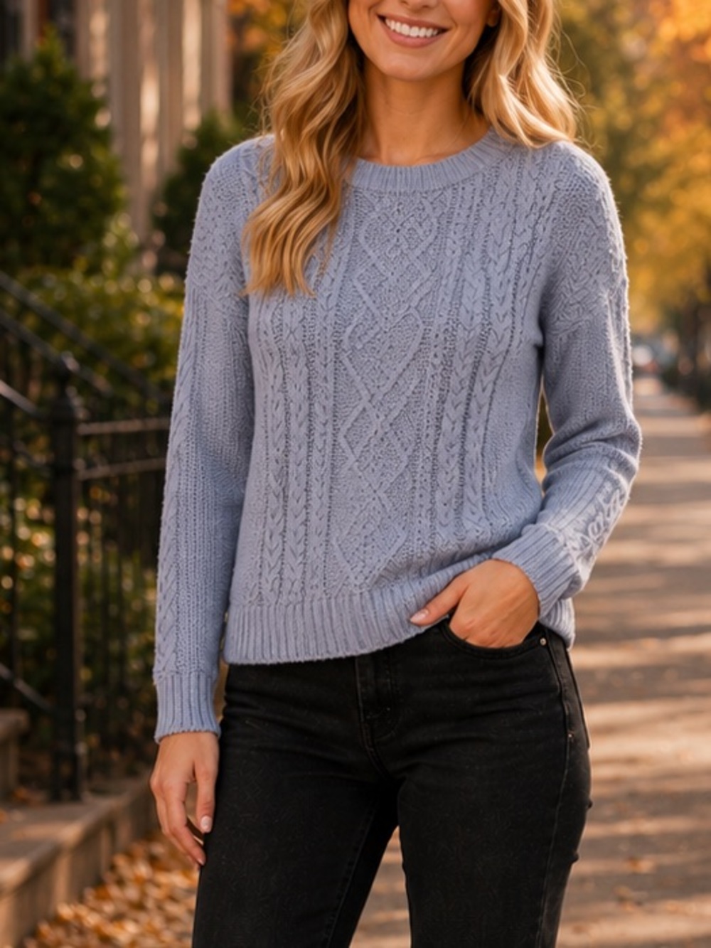 Style & Co. Light Blue Cable-Knit Crewneck Sweater